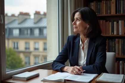 Femme dans la soixantaine assise à un bureau parisien avec des documents, évoquant la vie intellectuelle et politique d'Ingrid Betancourt entre Europe et Amérique latine