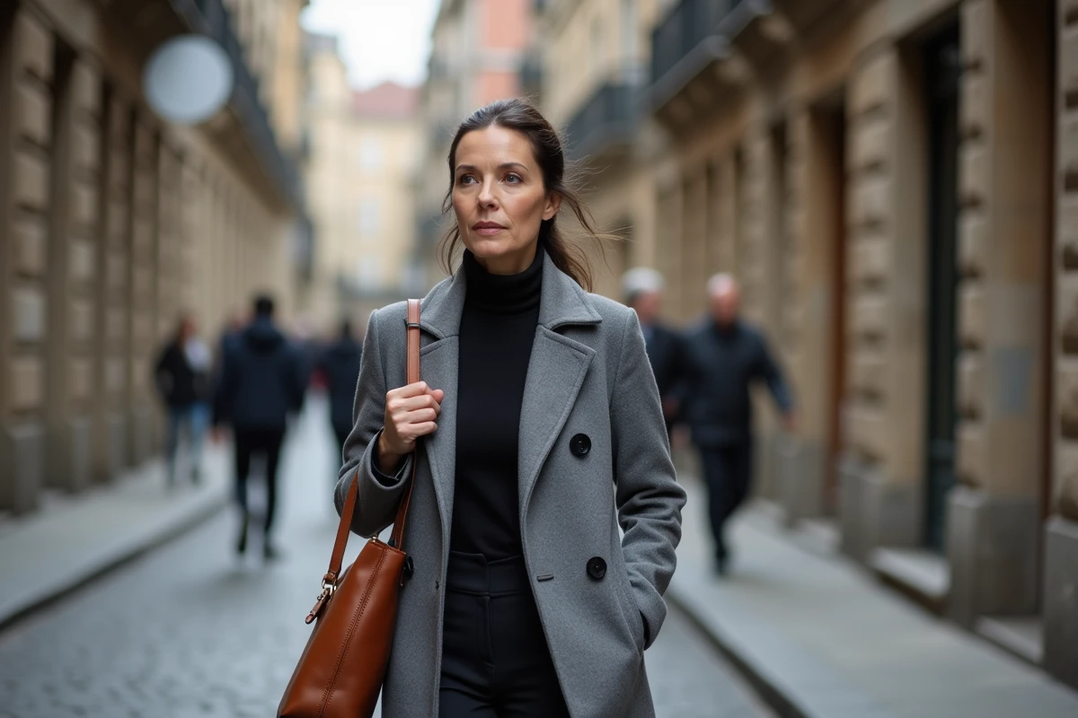 Femme élégante marchant sur un trottoir pavé d'une ville européenne, illustrant le mode de vie partagé entre l'Europe et l'Amérique latine d'Ingrid Betancourt