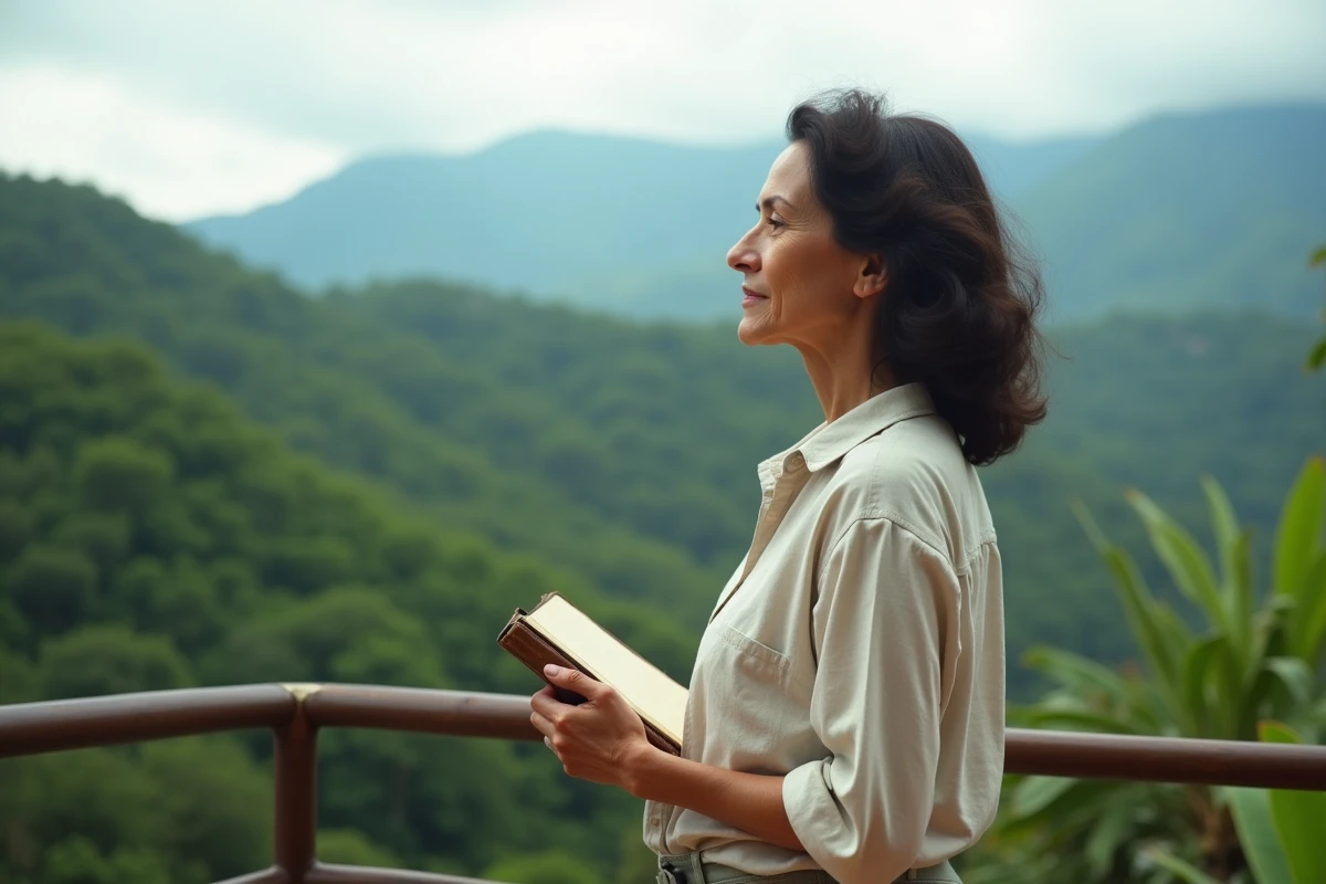 Femme debout sur une terrasse avec vue sur un paysage tropical montagneux d'Amérique latine, symbolisant le lien d'Ingrid Betancourt avec la Colombie