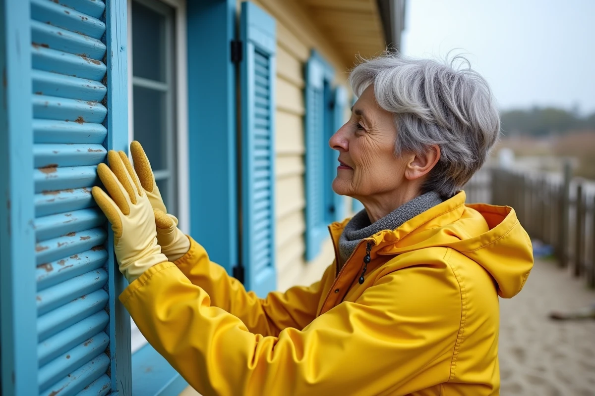Femme &acirc;g&eacute;e examinant une volette en bois bleue sur maison de plage