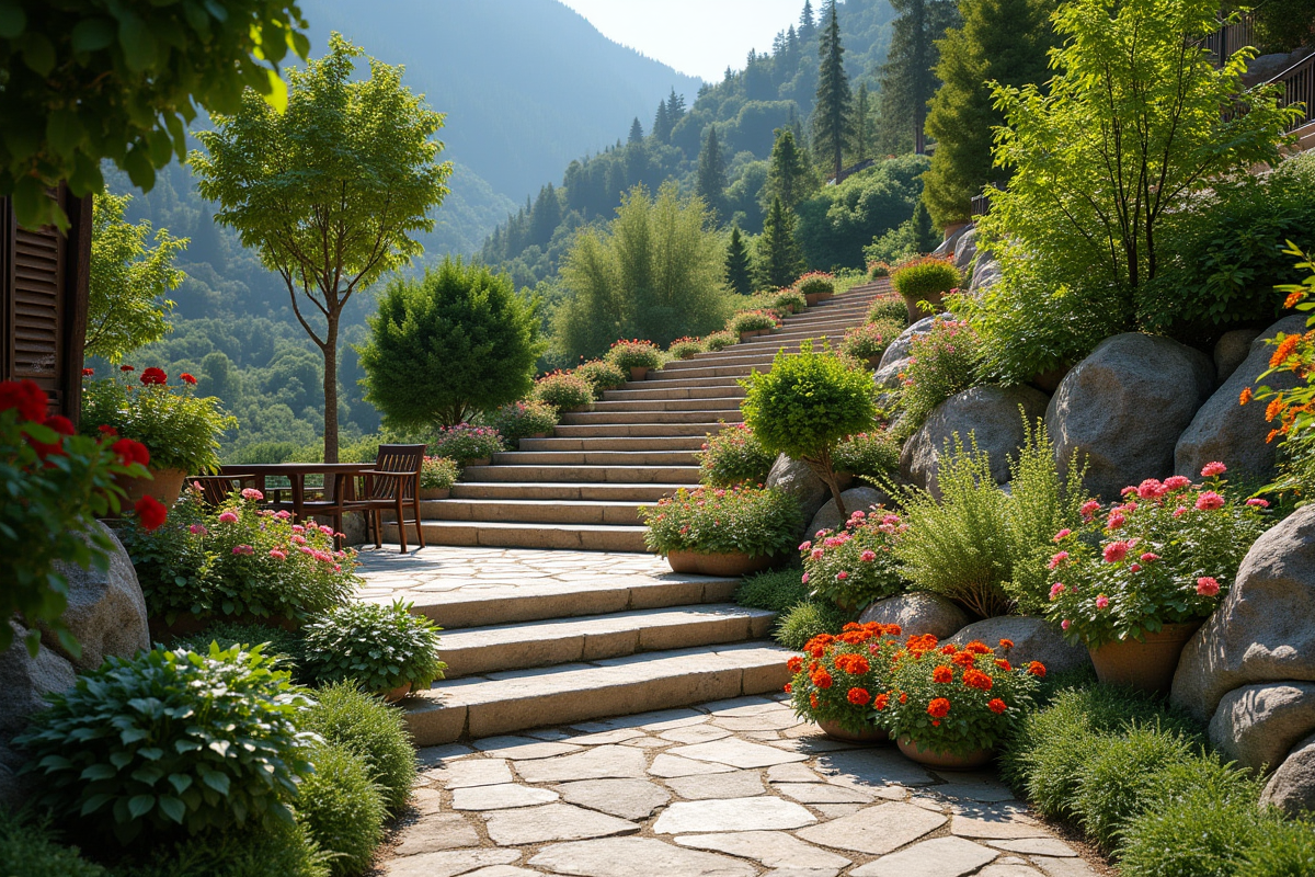 Terrasse de jardin en pente avec fleurs et espace détente