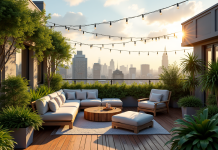 Jardin de terrasse sur le toit avec plantes vertes et mobilier