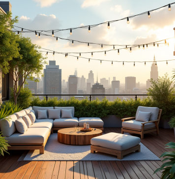 Jardin en terrasse : conseils pour réussir votre aménagement extérieur Jardin de terrasse sur le toit avec plantes vertes et mobilier