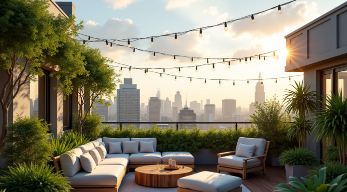 Jardin de terrasse sur le toit avec plantes vertes et mobilier