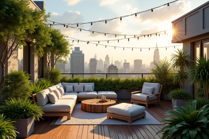 jardin-terrasse-rooftop Jardin de terrasse sur le toit avec plantes vertes et mobilier