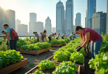 Jardin de toit urbain avec personnes cultivant des plantes vertes