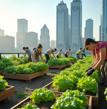 Agriculture urbaine : bienfaits, méthodes et exemples d’initiatives en ville Jardin de toit urbain avec personnes cultivant des plantes vertes