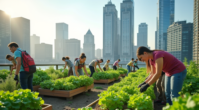 Jardin de toit urbain avec personnes cultivant des plantes vertes