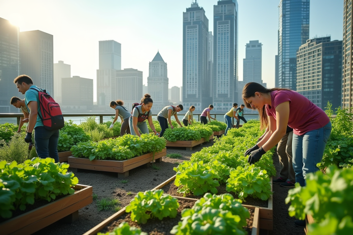 jardin-urbain-sur-toit Jardin de toit urbain avec personnes cultivant des plantes vertes