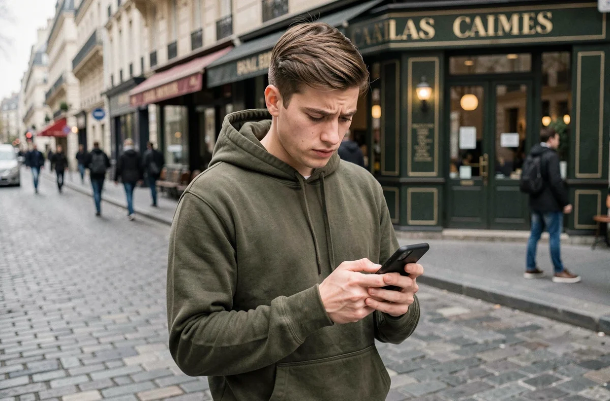 Jeune adulte dans la rue parisienne hésitant à répondre à un appel téléphonique au numéro suspect 0270