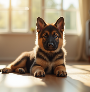 Jeune chiot berger allemand assis sur un sol en bois lumineux