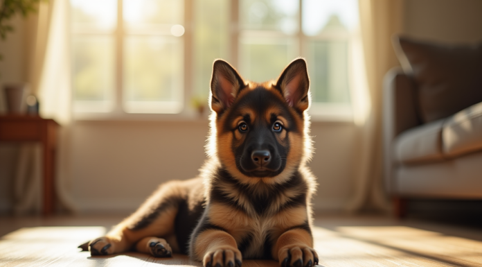Jeune chiot berger allemand assis sur un sol en bois lumineux