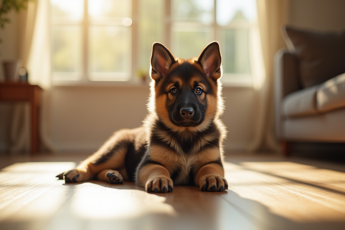 Jeune chiot berger allemand assis sur un sol en bois lumineux