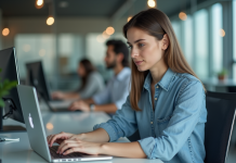 Cybersécurité : pourquoi sera-t-elle essentielle dans le futur ? Jeune femme concentrée travaillant sur son ordinateur au bureau