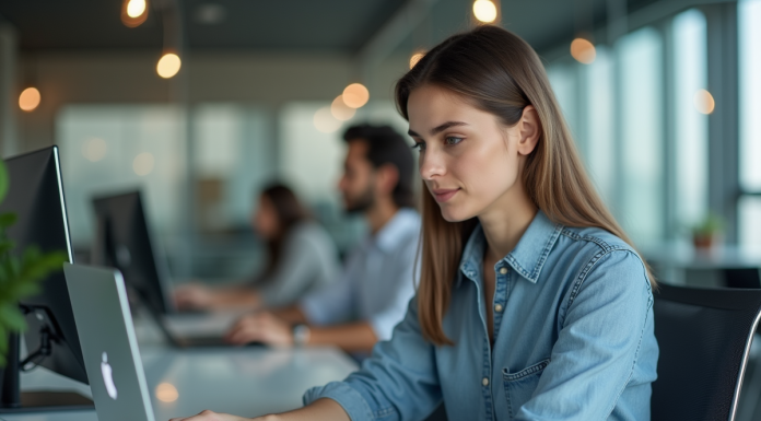 Jeune femme concentrée travaillant sur son ordinateur au bureau