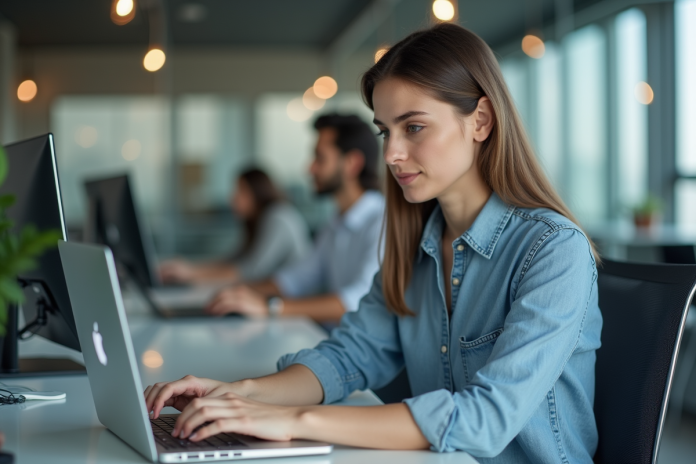 jeune-femme-bureau-laptop Jeune femme concentrée travaillant sur son ordinateur au bureau