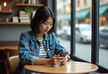 Meilleure application de traduction précise : quel choix faire ? Jeune femme avec smartphone dans un café pour traduction