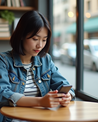 Jeune femme avec smartphone dans un café pour traduction