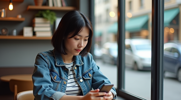 Jeune femme avec smartphone dans un café pour traduction