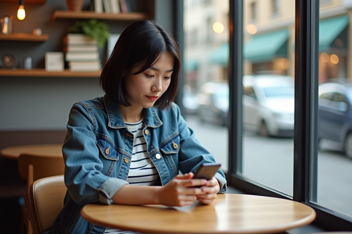 jeune-femme-cafe-translation Jeune femme avec smartphone dans un café pour traduction
