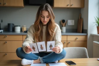 Jeune femme examine des cartes photos dans une cuisine lumineuse