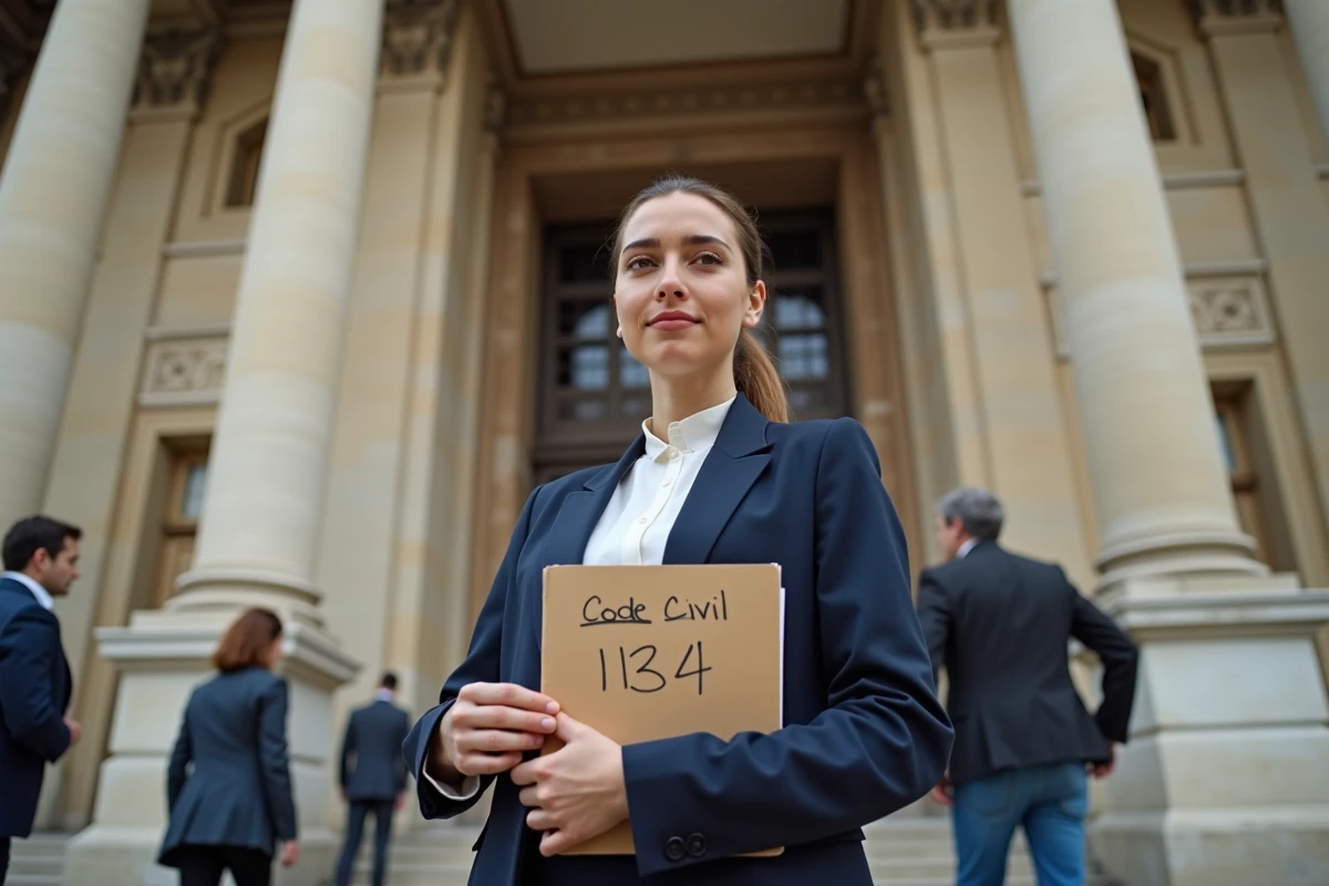 Jeune femme en costume devant un palais de justice historique