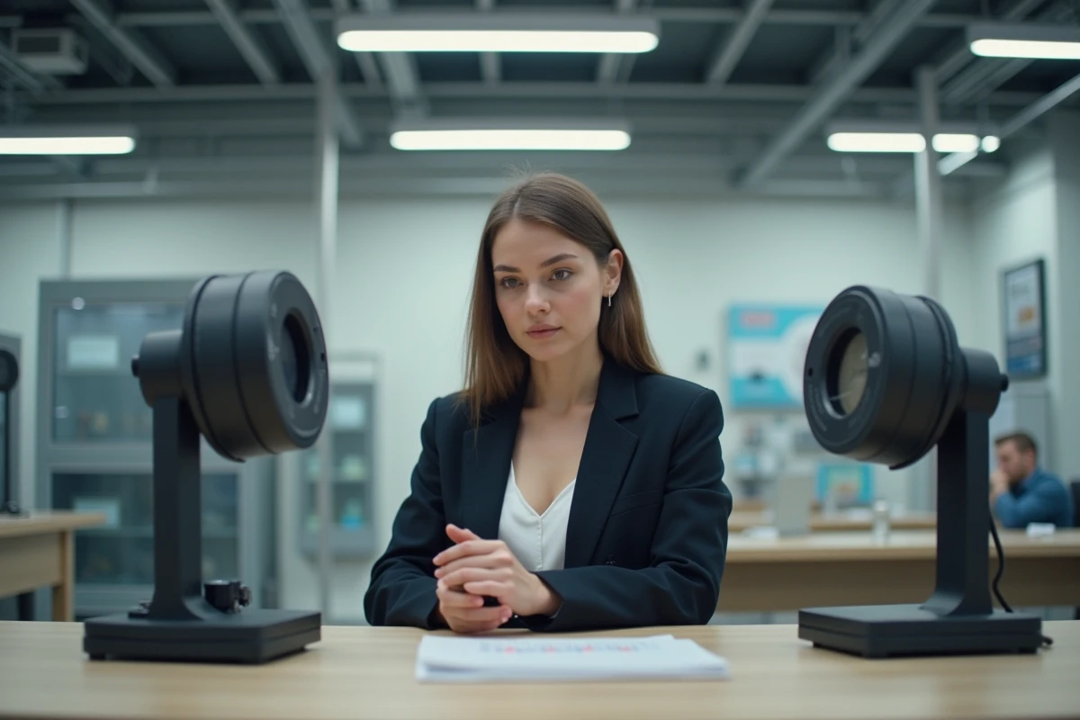 Jeune femme comparant deux dynamometres dans un showroom moderne