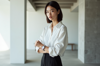 Jeune femme en tenue blanche ajustant sa montre dans un loft moderne