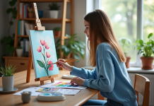 Créer sa première toile de peinture par numéro : conseils et astuces pour débutants Jeune femme en sweater bleu peignant un canvas paintbynumbers
