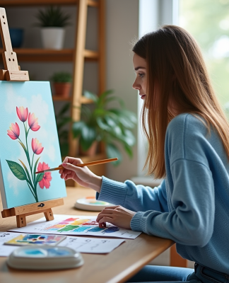 Jeune femme en sweater bleu peignant un canvas paintbynumbers