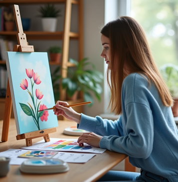 Créer sa première toile de peinture par numéro : conseils et astuces pour débutants Jeune femme en sweater bleu peignant un canvas paintbynumbers