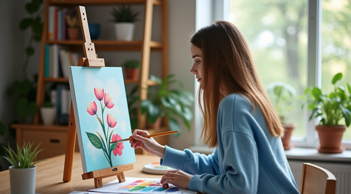 Jeune femme en sweater bleu peignant un canvas paintbynumbers