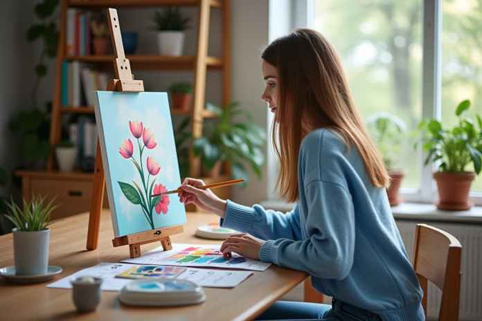 jeune-femme-peinture-numerique Jeune femme en sweater bleu peignant un canvas paintbynumbers