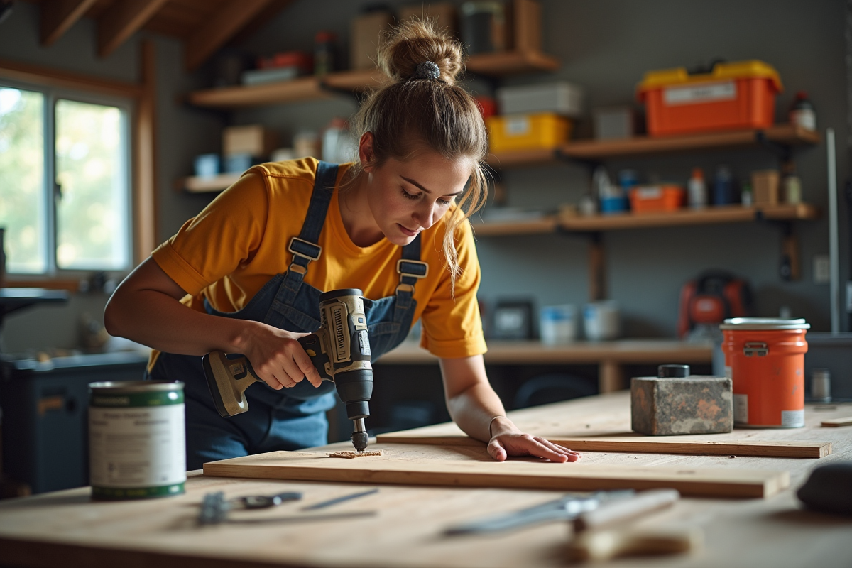 Jeune femme utilisant perceuse dans un garage bien equipe