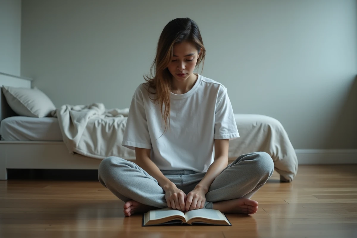 Jeune femme assise seule par terre dans une chambre vide, plongée dans ses pensées tristes avec un livre ouvert à côté d'elle