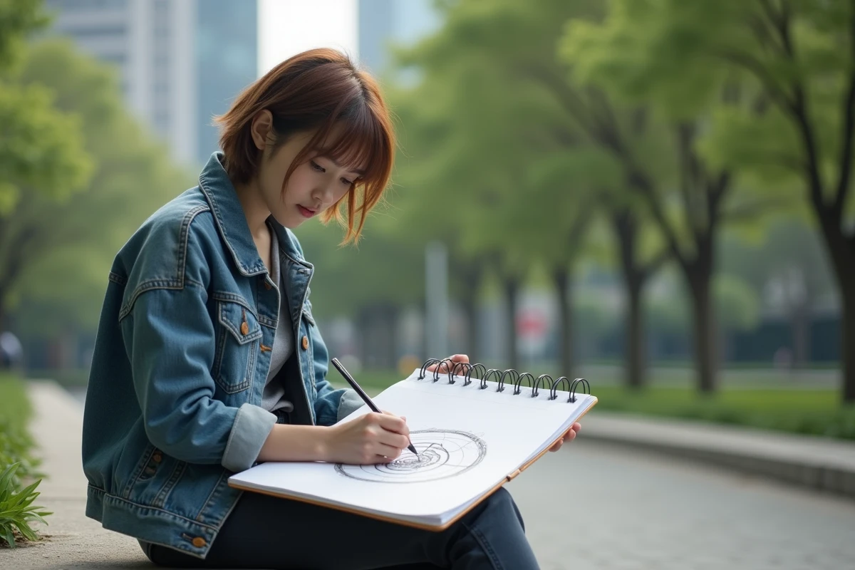 Jeune femme dessine le symbole Gaara sur un grand croquis
