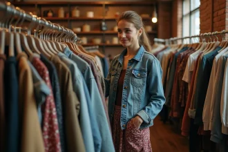 Jeune femme en vintage dans une friperie chaleureuse
