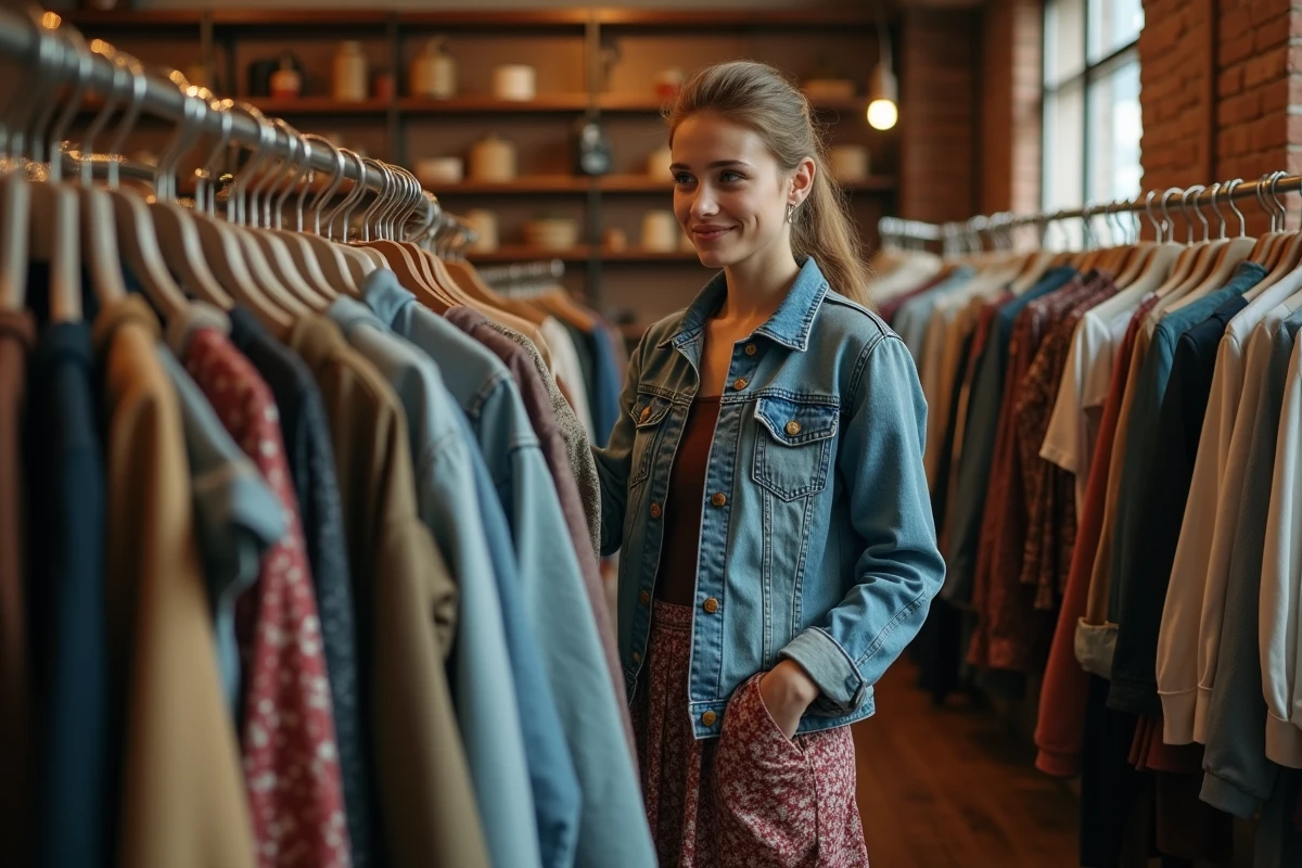 Jeune femme en vintage dans une friperie chaleureuse
