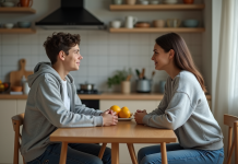 Recadrer un ado : conseils efficaces pour une relation harmonieuse Adolescent et mère discutant dans une cuisine chaleureuse