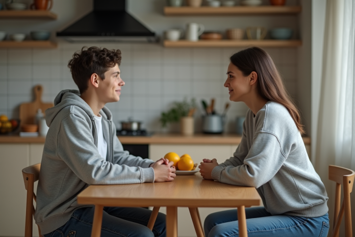 Adolescent et mère discutant dans une cuisine chaleureuse