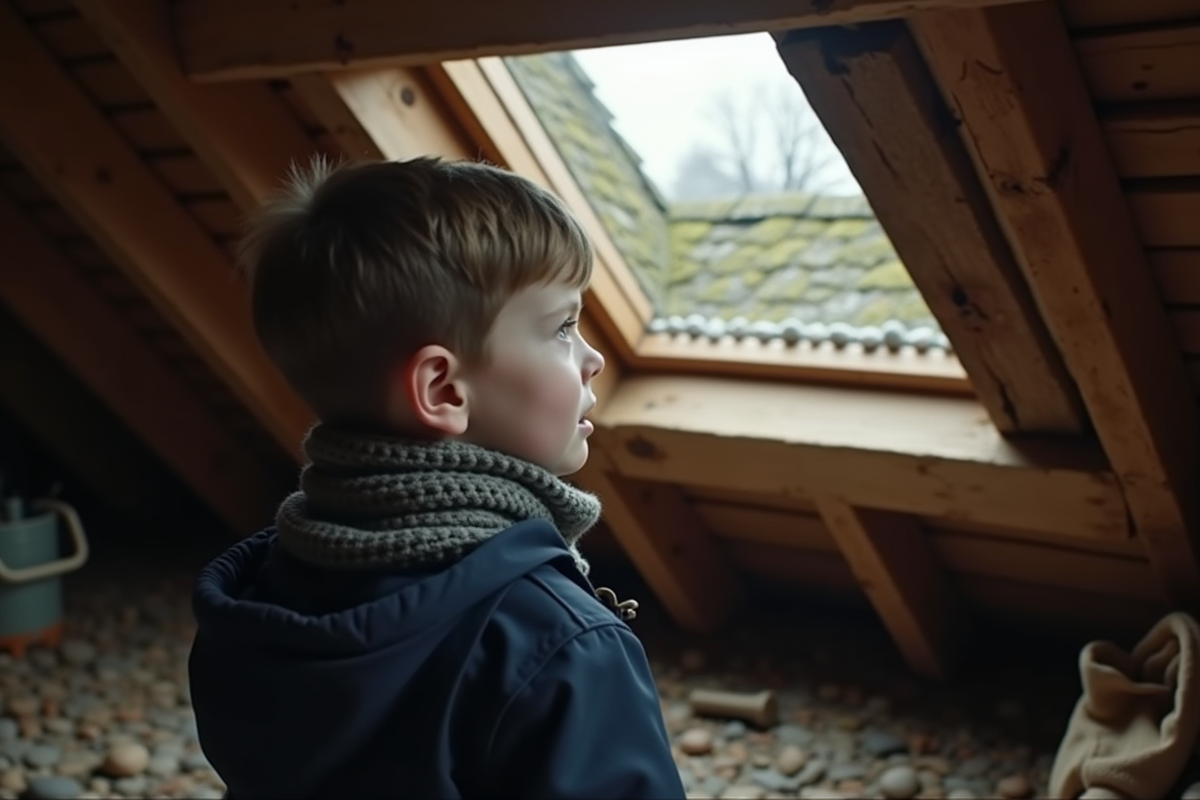 Jeune garçon regardant les galets sur le toit depuis un grenier