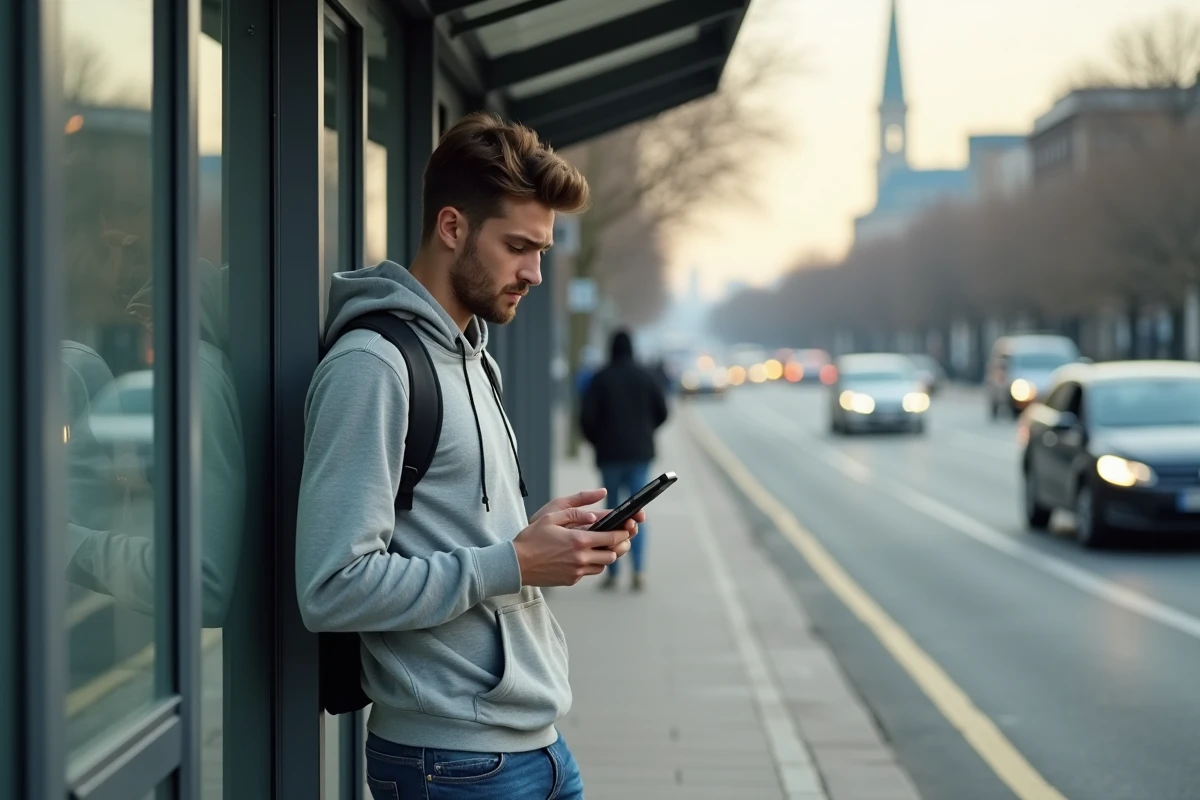 Jeune homme au arrêt de bus regardant son smartphone