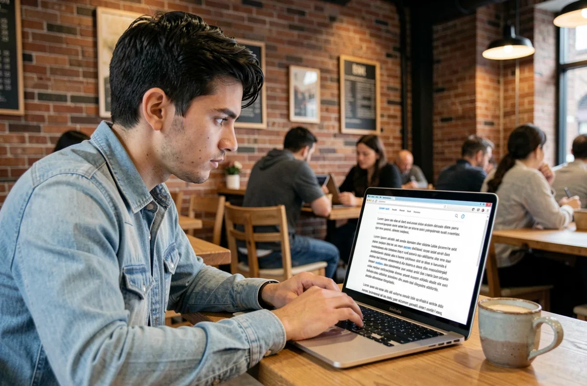 Jeune homme consultant un mockup de site web avec du texte Lorem Ipsum dans un café