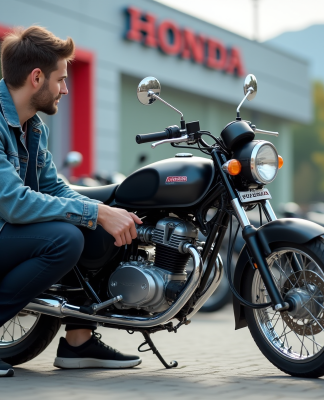 Jeune homme examine une moto Honda Dax 125 en extérieur