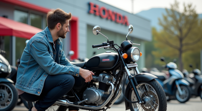 Jeune homme examine une moto Honda Dax 125 en extérieur