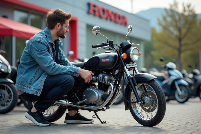 jeune-homme-moto-honda-dax Jeune homme examine une moto Honda Dax 125 en extérieur