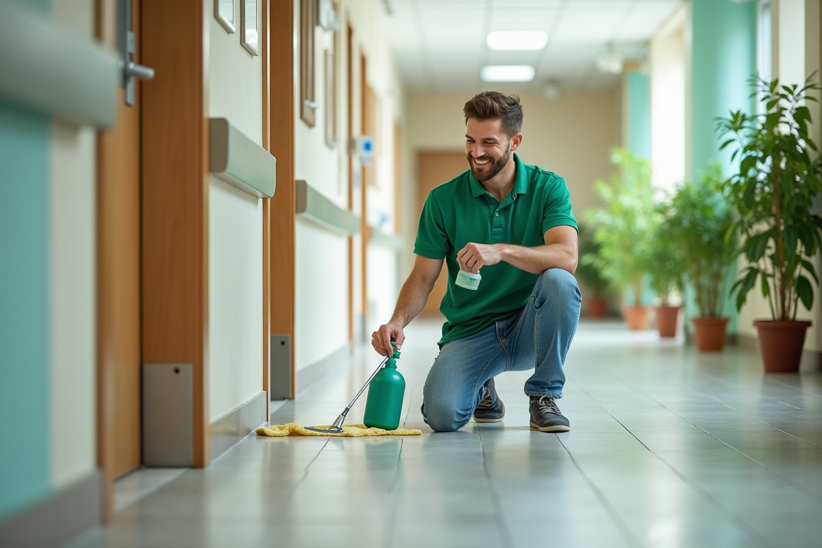 Jeune homme désinfectant un plinthe dans un couloir d