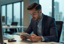 Jeune homme professionnel utilisant une tablette dans un bureau moderne