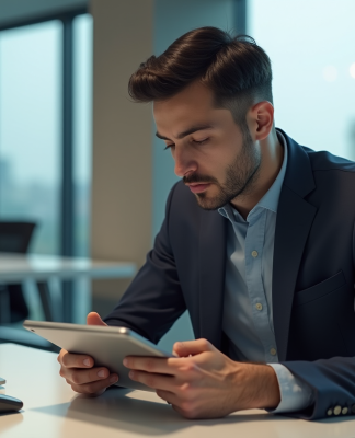 Jeune homme professionnel utilisant une tablette dans un bureau moderne