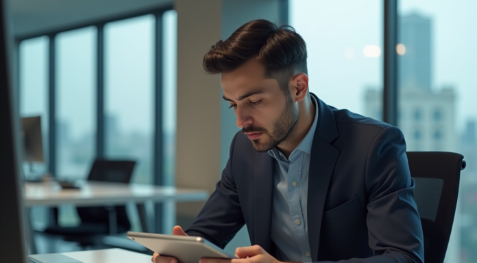 Jeune homme professionnel utilisant une tablette dans un bureau moderne